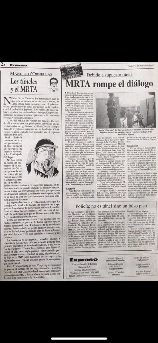 santoschilcano's tweet image. Pocos se han dado cuenta, pero el mismo día que La República sacó lo de “El túnel sí existe” -7 de marzo del 97-, El Comercio y Expreso también publicaron la noticia. Y no solo eso: Expreso dio la dirección exacta del inmueble en cuestión. Su subdirector era Jaime de Althaus 🧐