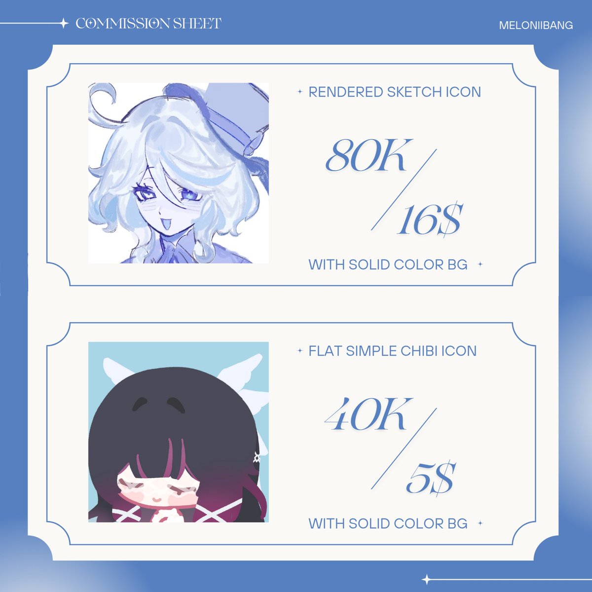 meloniibbang's tweet image. [shares appreciated]

hi! i'm opening my first c♡mm for both local (id) and international ^^ i will be opening 2 slots each for now 

i accept paypal and kofi for int, bca, spay, and qris for local!

tos below