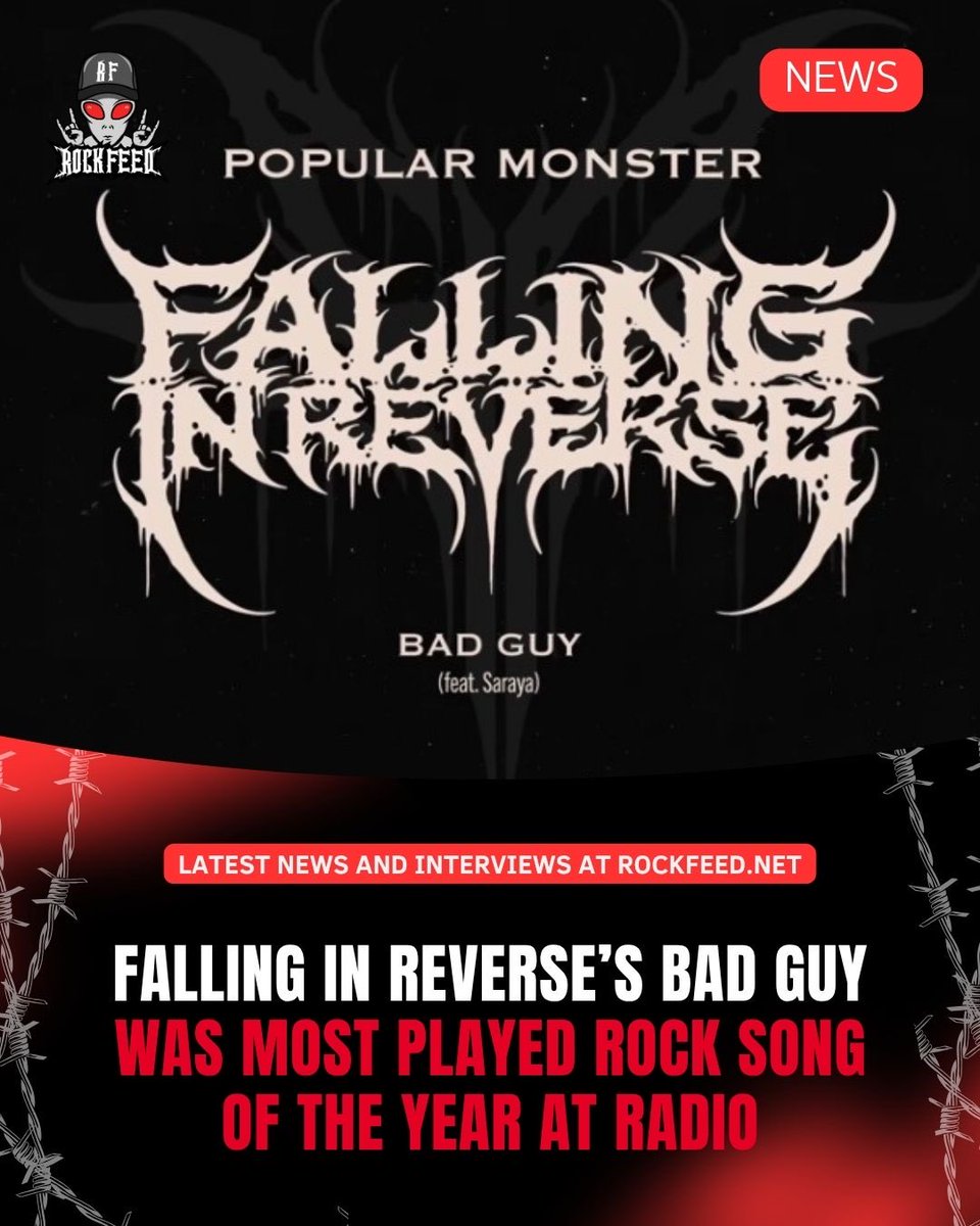 RockFeedNet's tweet image. Falling In Reverse’s “Bad Guy” Was the Most Played Rock Song of the Year at U.S. Radio, according to Epitaph Records. 

Falling In Reverse’s “Bad Guy” (feat. Saraya) was the most played rock song of the year across U.S. radio. The track continues the band’s streak of chart…