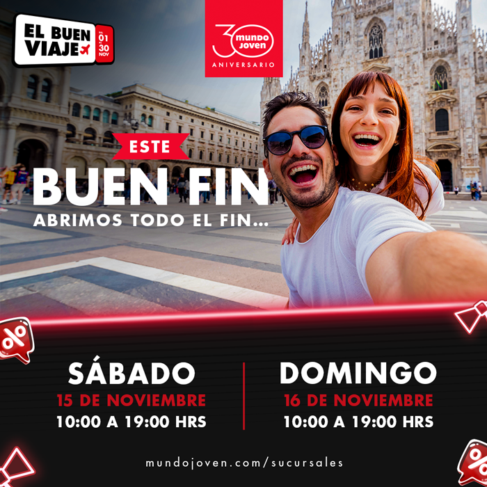 Abrimos TODO el fin para que agarres las mejores ofertas del año y te lances a esa aventura que llevas posponiendo. 🌎✈️

📅 Horarios especiales:
🗓️ Sábado 15 nov · 10:00 a 19:00 hrs
🗓️ Domingo 16 nov · 10:00 a 19:00 hrs

No digas que no te avisamos… las ofertas vuelan. 💨