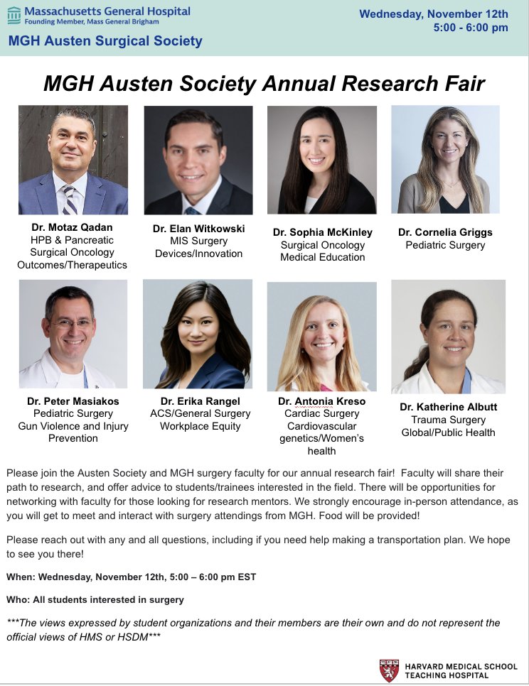 Curious about a career as a surgeon-scientist?🔬✨
Join the MGH Austen Surgical Society Research Fair tomorrow! Hear from incredible faculty across a range of specialties such as HPB, MIS, pediatric surgery, trauma surgery, and more.🕔 5–6 PM, 📅 Wed 11/12 tinyurl.com/bdex3ztc