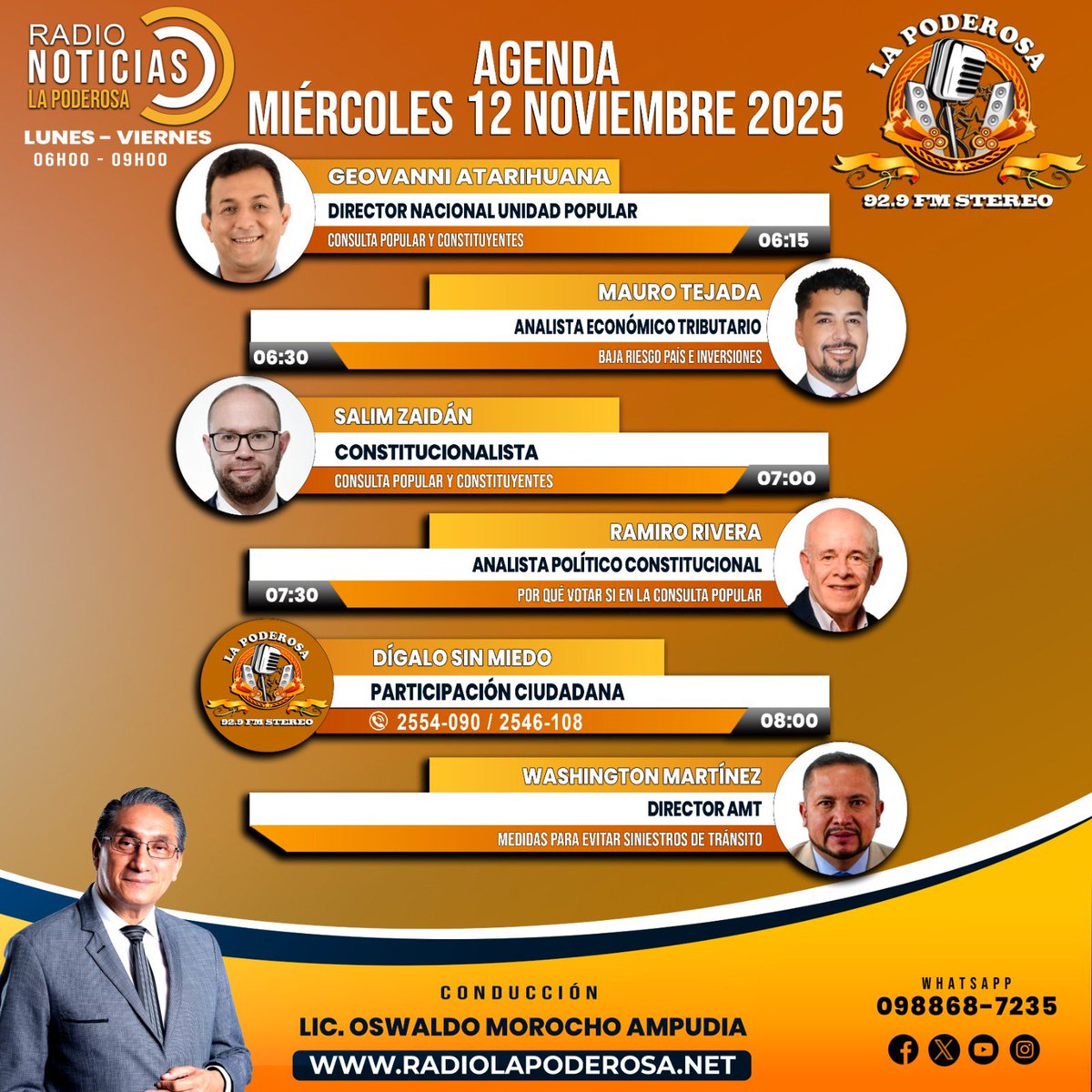 Agenda del Día
📅 Miércoles 12 de Noviembre 2025
📻 92.9 FM ¡Sintonízanos en vivo!
🎥 Facebook Live
#RadioNoticias | #Noticiero | #Entrevistas 
<a href="/GaloWEnriquez1/">Galo W. Enriquez E.Mag.</a>