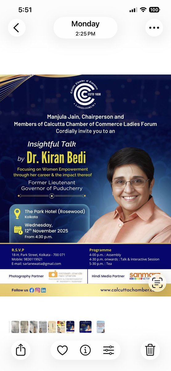 thekiranbedi's tweet photo. in Kolkata today. 
#CalcuttaChamberofCommerceLadiesForum 
#WomenEmpowerment #ManjulaJain - Chairperson https://t.co/pJw1AuZvEA