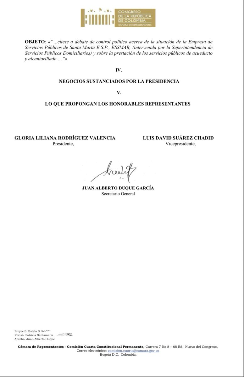 Tal como lo prometí, el próximo 19 de noviembre cumpliré con Santa Marta.
Ese día realizaremos en la Comisión 4 de la Cámara de Representantes el debate de control político sobre la crítica situación de ESSMAR, una empresa que continúa prestando un servicio deficiente de agua,
