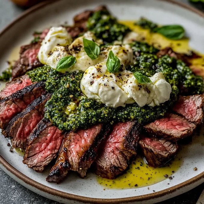 Grilled Flank Steak with Burrata &amp; Pesto