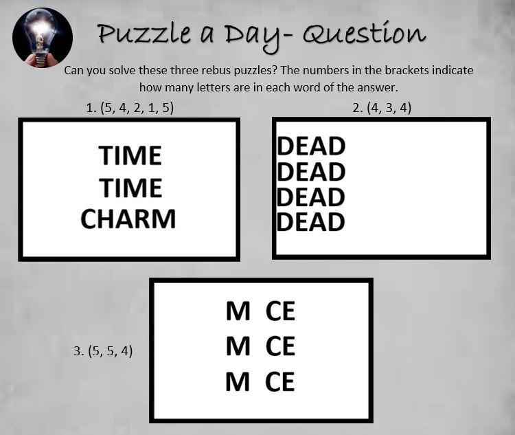 PuzzleADayBlog's tweet image. Three Rebus Puzzles

#puzzle #puzzles #puzzleaday