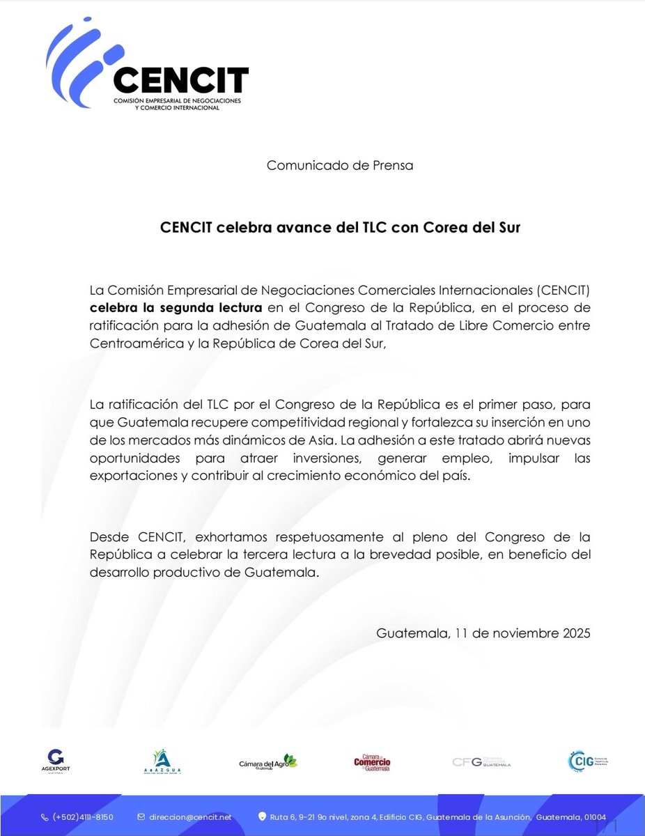 🇰🇷🤝🇬🇹CENCIT celebró la SEGUNDA lectura de la iniciativa para la Adhesión al TLC con Corea. Agradeciendo al <a href="/CongresoGuate/">Congreso Guatemala</a> y exhortales a su pronta ratificación!

<a href="/AsazguaGT/">Asociación de Azucareros de Guatemala</a> <a href="/AGEXPORTGT/">AGEXPORT</a> <a href="/CamagroGuate/">Cámara del Agro</a> <a href="/CamComercioGT/">Cámara de Comercio de Guatemala</a> <a href="/CamFinanzasGT/">Cámara de Finanzas Guatemala</a> <a href="/industriaguate/">Cámara de Industria de Guatemala</a> <a href="/CafedeGuatemala/">Anacafé</a> <a href="/VestexGuatemala/">Vestex Guatemala</a>