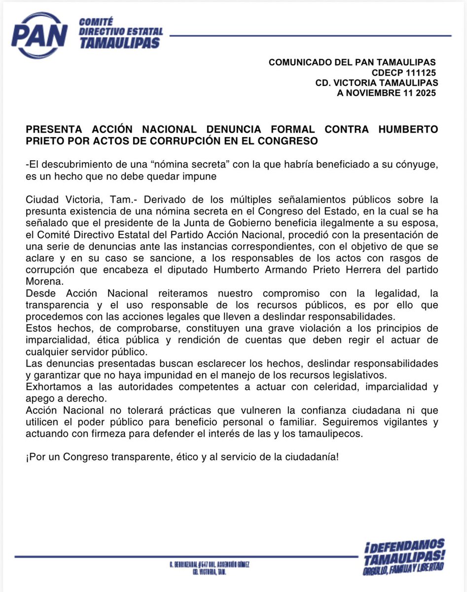 El PAN Tamaulipas denunció formalmente a Humberto Prieto diputado de #Morena por presuntos actos de corrupción en el <a href="/CongresoTams/">Congreso Tamaulipas</a>.
No permitiremos que se use el poder para beneficio personal. 💙
#NoALaCorrupción #Tamaulipas