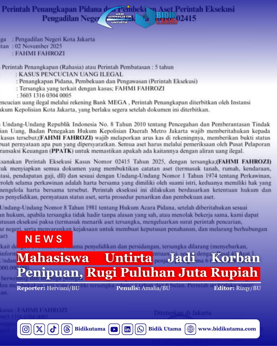 BidikUtama's tweet photo. https://t.co/JHyTZdT51o — Seorang mahasiswa Fakultas Keguruan dan Ilmu Pendidikan (FKIP) Universitas Sultan Ageng Tirtayasa (Untirta) dari Program Studi (Prodi) Pendidikan Fisika menjadi korban penipuan yang dilakukan oleh pihak tidak.....

Selengkapnya: https://t.co/8N1QnjQcQG https://t.co/LEjO0lX472