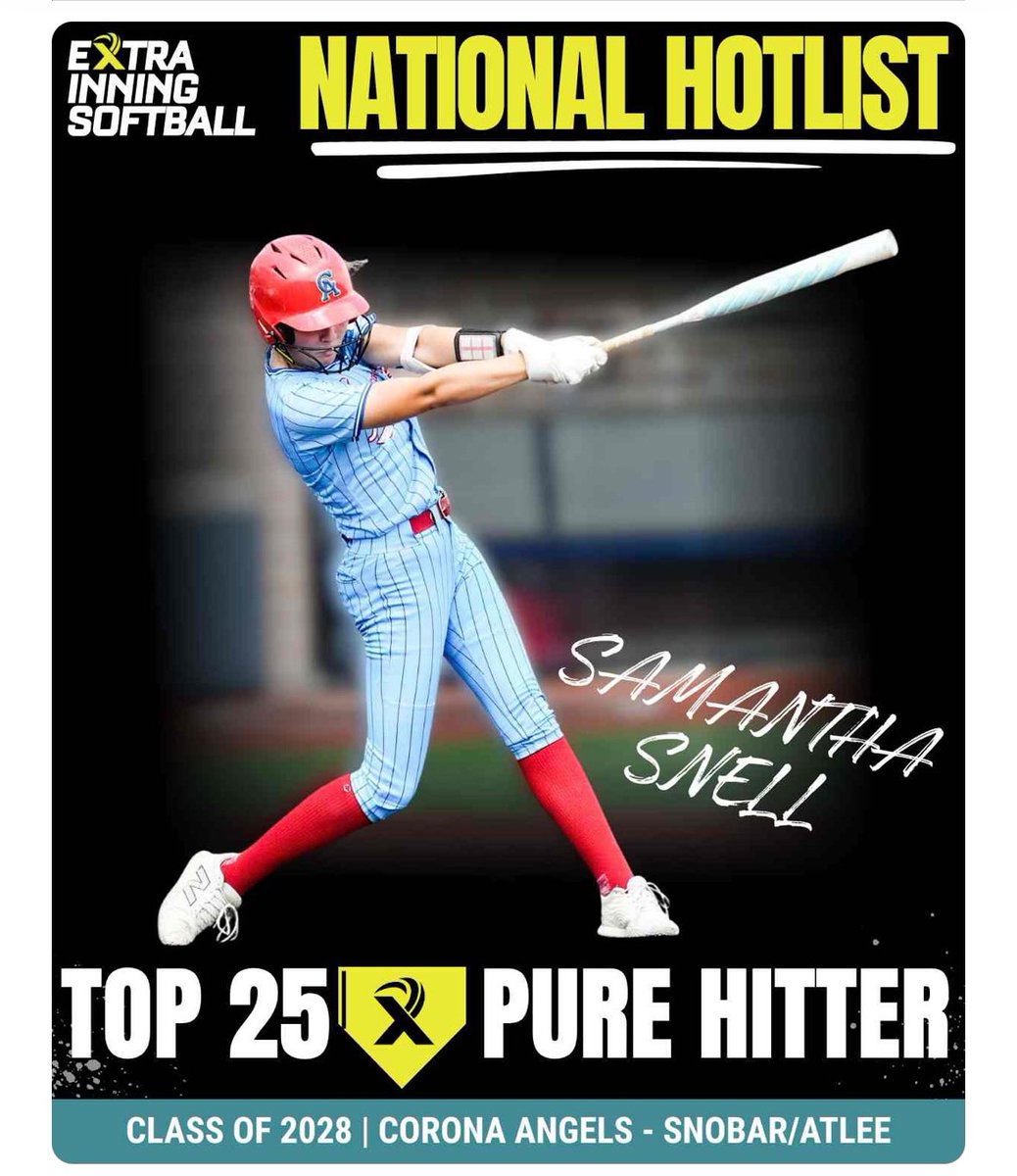 Thank you <a href="/ExtraInningSB/">EXTRA INNING SOFTBALL</a> for including me on your Top 25 National Hot List for Pure Hitters! It’s an honor to be part of a group with so many good players! Also, thank you to the best hitting coach <a href="/JessicaVentoza/">Jessica Ventoza</a>! 

<a href="/CASnobarAtlee28/">Corona Angels Snobar / Atlee 2028</a>  <a href="/tarynatlee_/">Taryn Atlee 🇵🇭</a> 
<a href="/CoachTarr/">Heather Tarr 🦄 💜</a> <a href="/salling_jenn/">Jenn Salling</a>