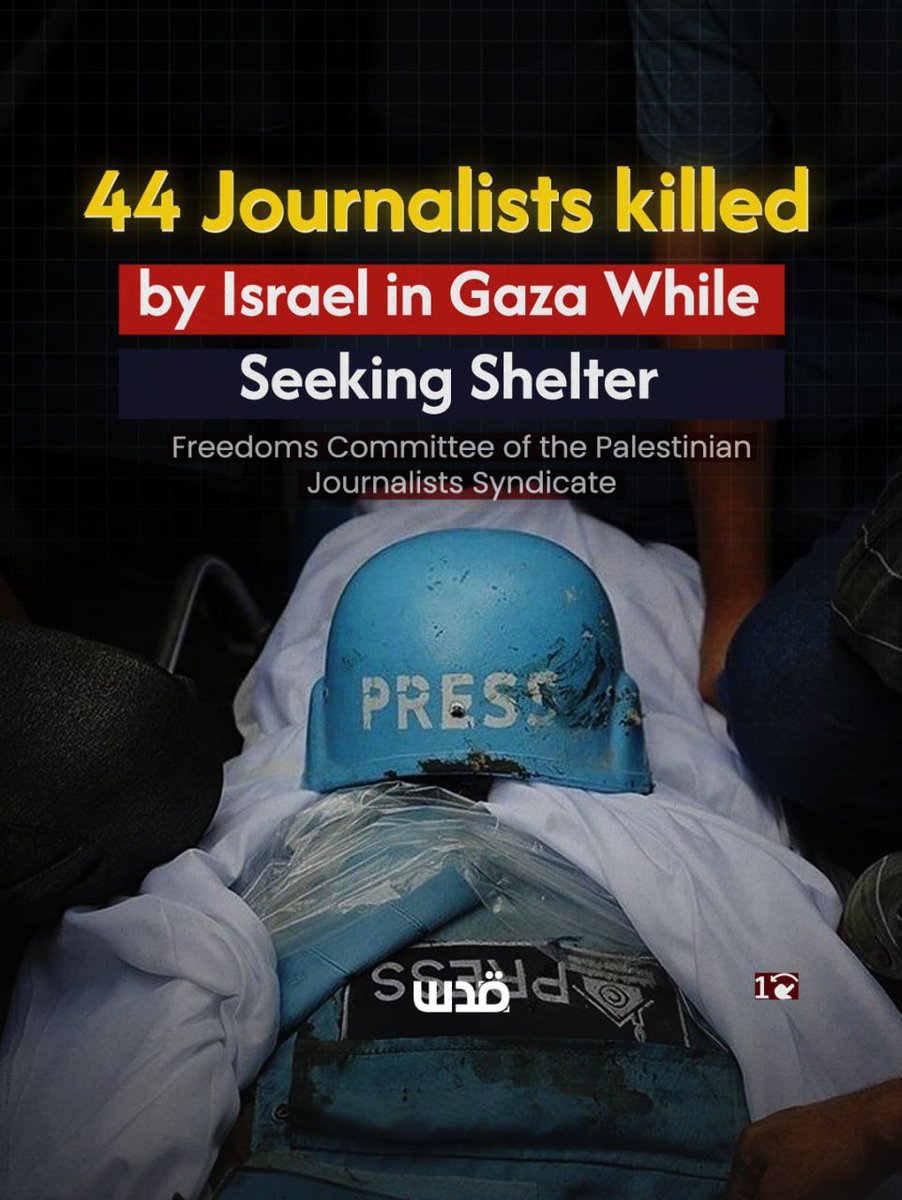 QudsNen's tweet image. Palestinian journalists have faced systematic targeting in Gaza, even while seeking shelter amid the relentless Israeli onslaught. 

Since the start of the genocide, 44 journalists have been killed inside their own tents, part of a total of 254 media workers murdered while…