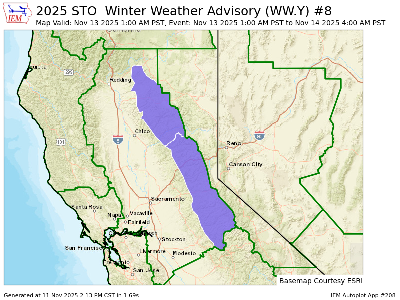 STO upgrades Winter Storm Watch to Winter Weather Advisory valid at Nov 13, 1:00 AM PST for West Slope Northern Sierra Nevada, Western Plumas County/Lassen Park [CA] till Nov 14, 4:00 AM PST mesonet.agron.iastate.edu/vtec/f/2025-O-…