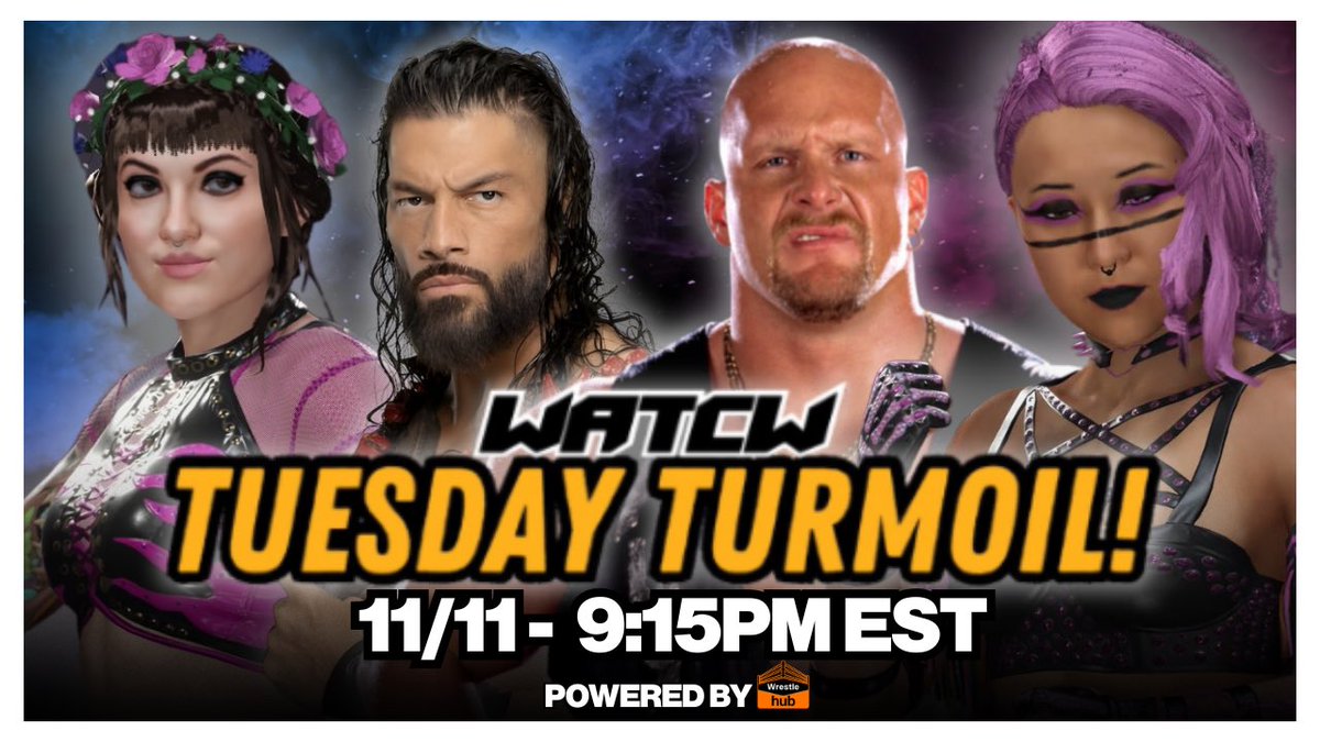 Live tonight! 🔴

WATCW is back for a new episode of Tuesday Turmoil! We’ve got a brilliantly stacked card to start off November!

Big announcements, big matches, and a gargantuan championship main event! Don’t miss a second of this!

9:15PM EST
twitch.tv/WATReelEnt 💪