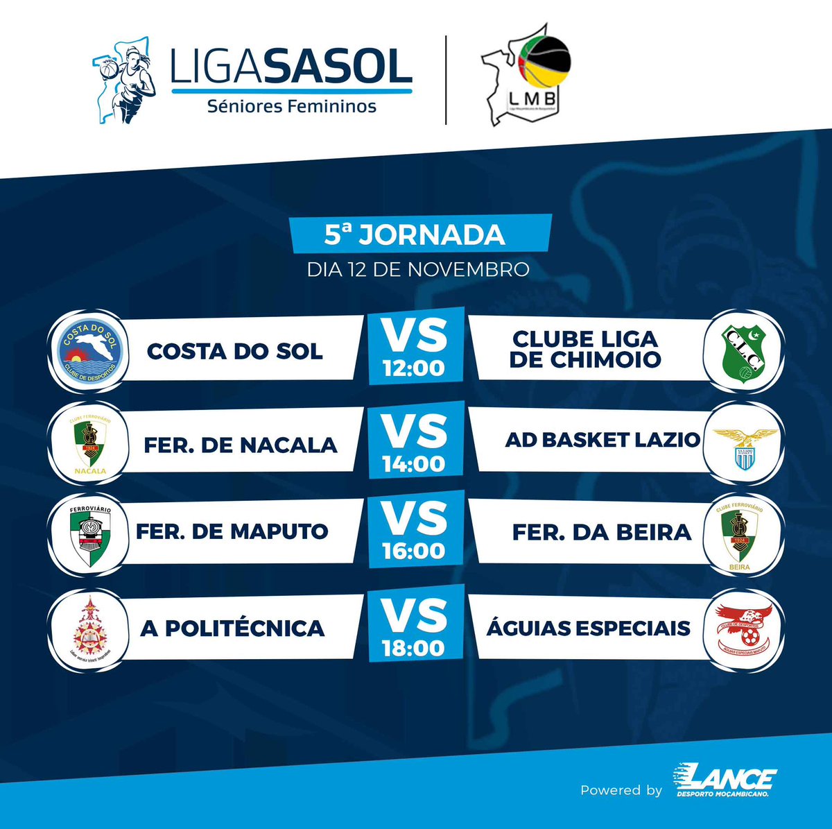 LIGA SASOL 2025 - 5ª JORNADA

Veja a classificação da Liga Moçambicana de Basquetebol em Seniores  Femininos e os jogos da 5ª jornada da prova que retoma esta quarta-feira, 11 de Novembro, depois de um dia de descanso.

#LanceMZ 
#lancemz6anos 
#ligasasol2025