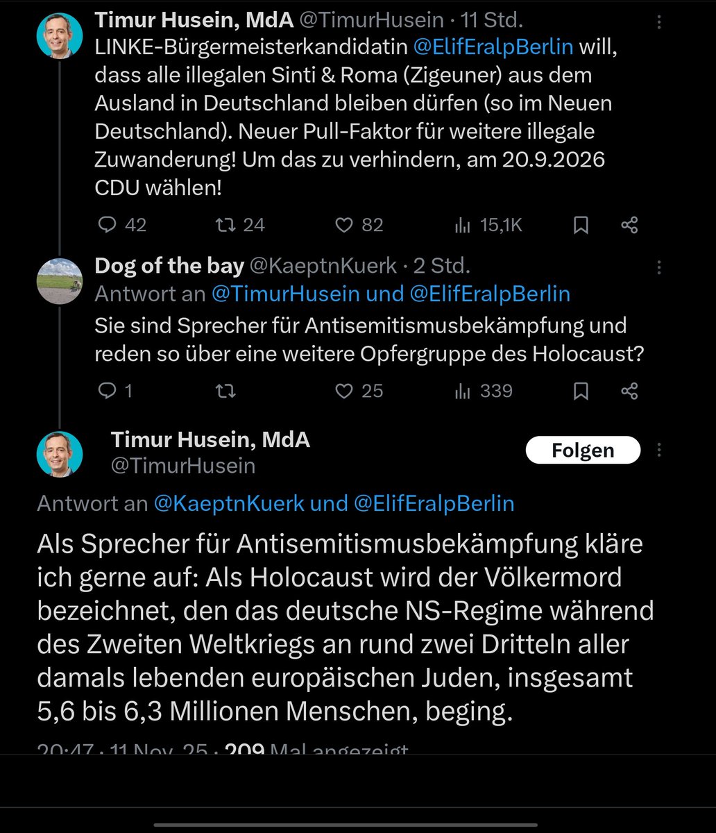 Wenn es um Sinti &amp; Roma (Racial Slur) geht, dann wird von <a href="/TimurHusein/">Timur Husein, MdA</a> mal ganz schnell der Holocaust verklärt. <a href="/cduberlin/">CDU Berlin</a> ist das eure Linie? Und an alle Juristen: Ist das justiziabel?