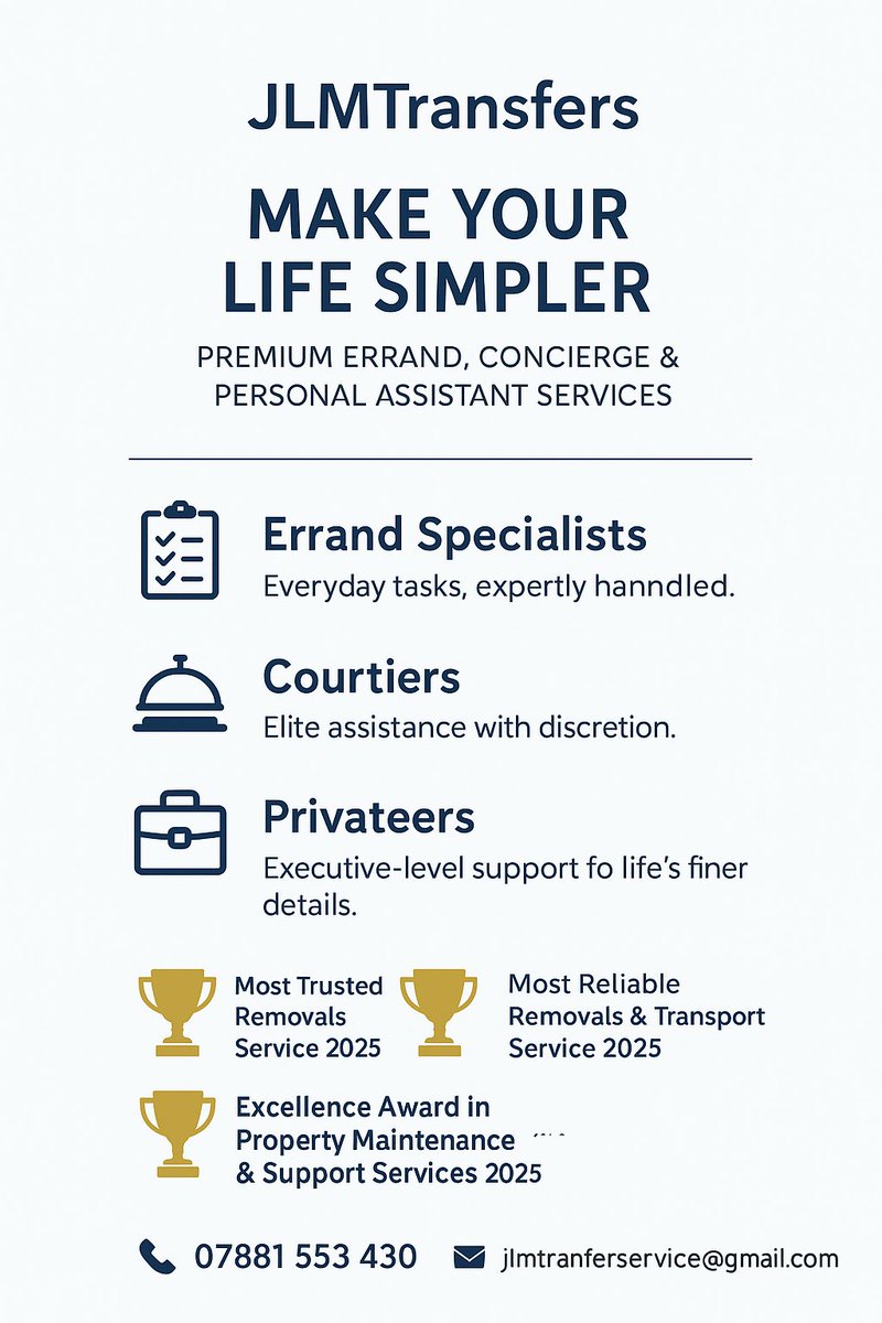 🚚 JLM Transfers – Award-Winning 
🏠 Personal Services: Errands, concierge, admin – from £35/hr
🏢 Business Services: Office errands, executive support – from £45/hr
🏆 Most Trusted &amp; Reliable 2025
📞 07881 553 4330 | 🌐 jlmtransfers.com
Life’s easier with JLM Transfers!