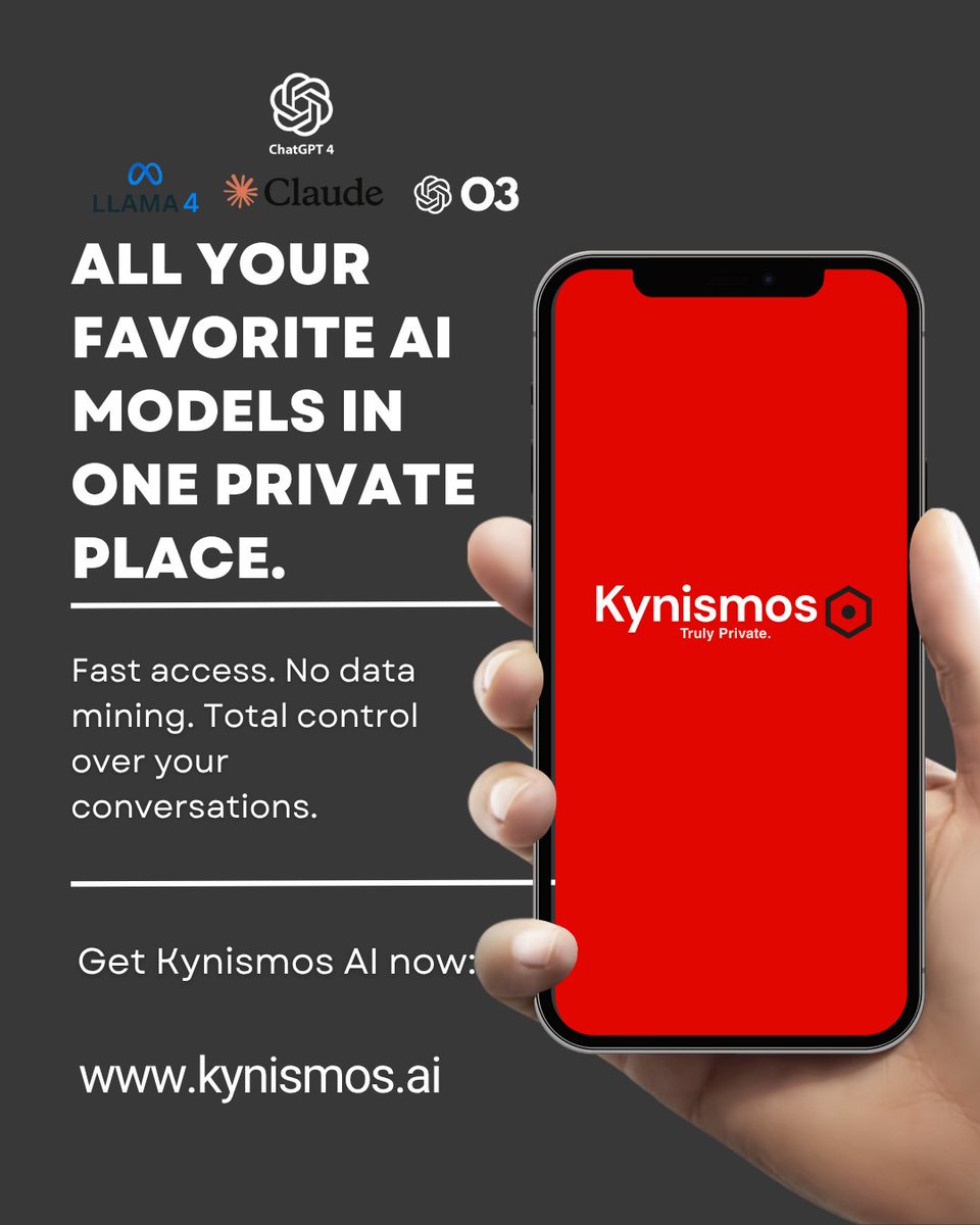 KynismosAI's tweet photo. Fast, secure access to:
🔹 GPT-4
🔹 Claude
🔹 LLaMA 4
🔹 OpenChat o3
One subscription.

Get Kynismos AI now:
https://t.co/1KCL99rzVh

#ai #chatgpt https://t.co/zKvJZnHrgM