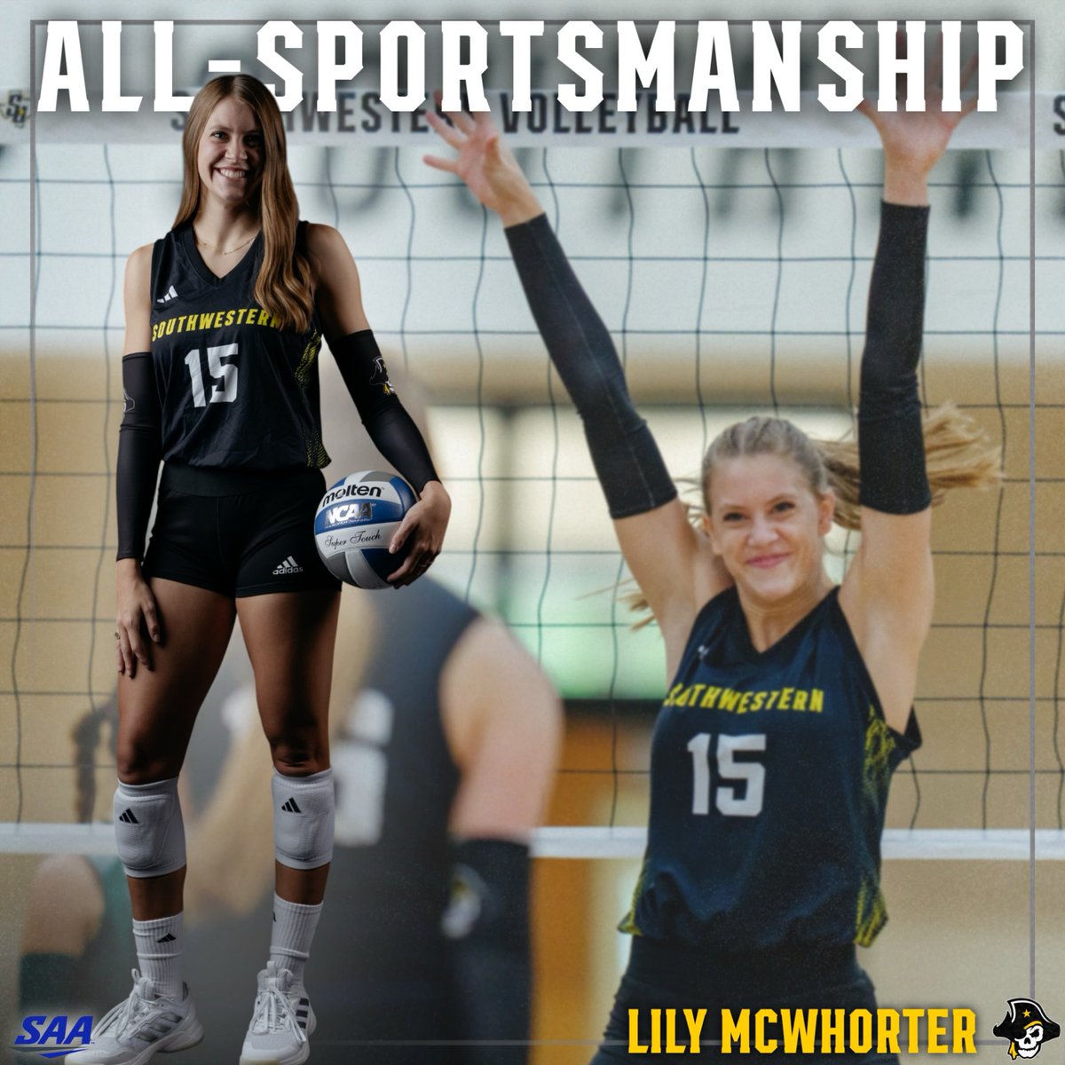 SUPirates's tweet photo. BIG HONORS FOR VOLLEYBALL PT.2🤩🏐🏴‍☠️

Congratulations to senior Annika Flora on receiving All-SAA Honorable Mention, and senior Lily McWhorter on being recognized on the All-Sportsmanship Team! 👏🏼👏🏼 https://t.co/McT9twoCRV