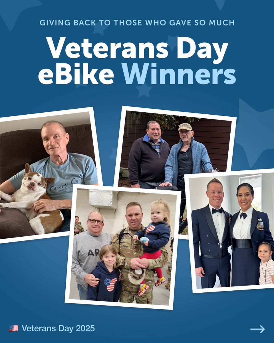 lectricebikes's tweet image. Happy Veterans Day🇺🇸 
Today and every day, we’re proud to honor those who’ve served.

We asked our riders to share the story of a service member who inspires through their courage, kindness, and dedication.

Congratulations to our Veteran Day winners!
lectricebikes.com/blogs/blog/202…