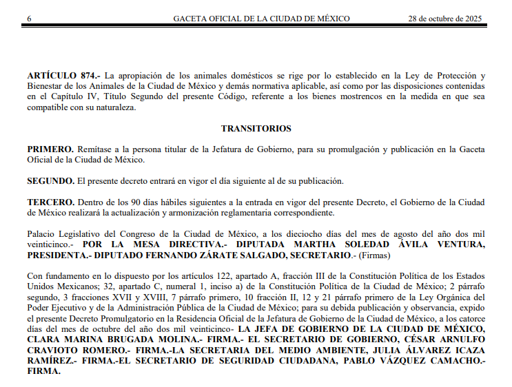 🐾 Reforma 28-10-25 🐶🦝🦉🐍🦎
El Código Civil de la CDMX reconoce a los animales como _seres sintientes_, no como bienes. 

Por lo tanto, sujetos de consideración moral y trato digno⚖️.
#DerechoAnimal #Legislación #CDMX