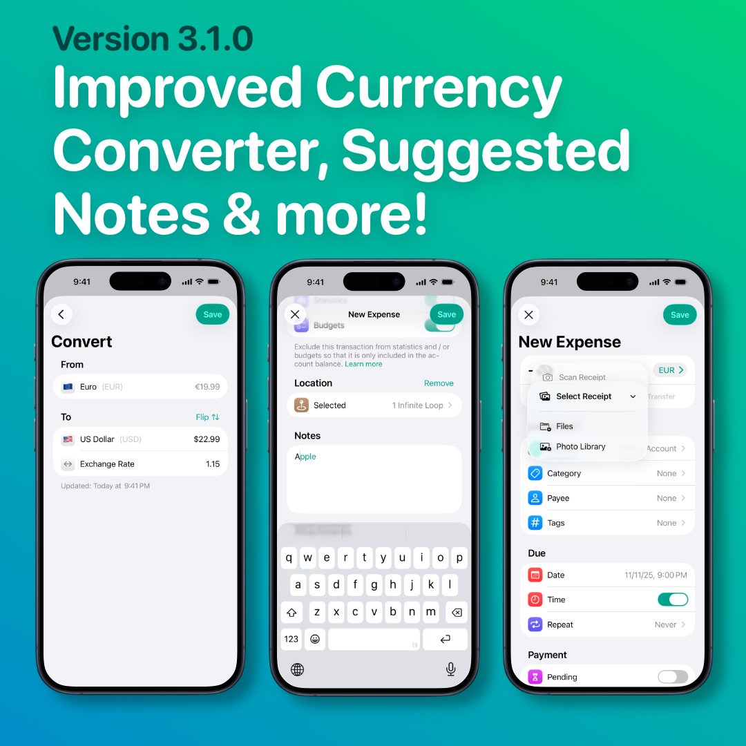 Version 3.1.0 introduces several minor yet notable quality-of-life improvements to Budget Flow, including an enhanced currency converter, suggested notes, and the ability to analyze receipts from photos or files.

Download now for free: apps.apple.com/app/id/1640091…

#Budgeting #App