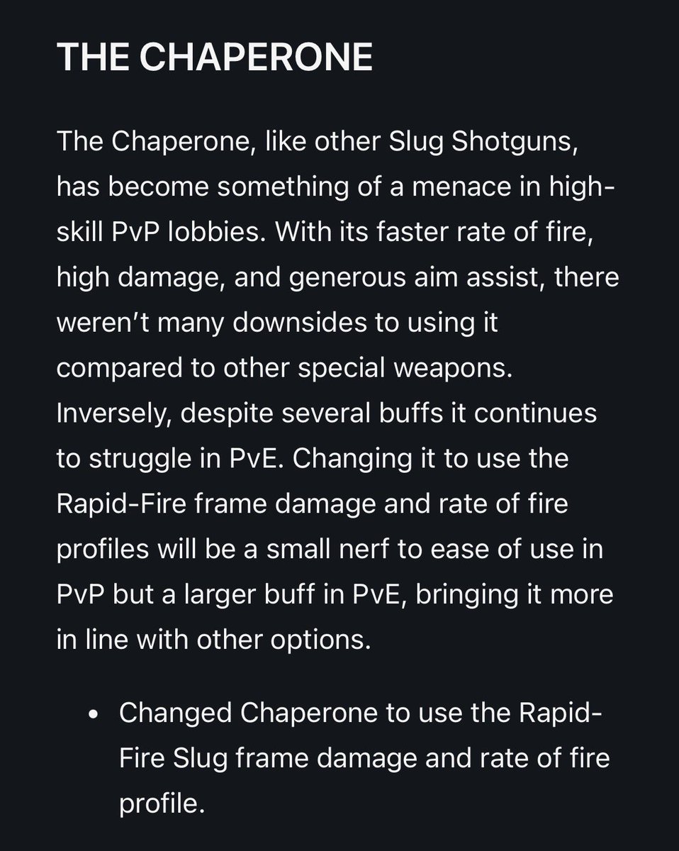Dude the PvP changes here are fucking CRAZY. This article is wild there’s so many changes I just didn’t expect. Chaperone in particular got hit with a fuckin nuclear nerf all things considered 🤯