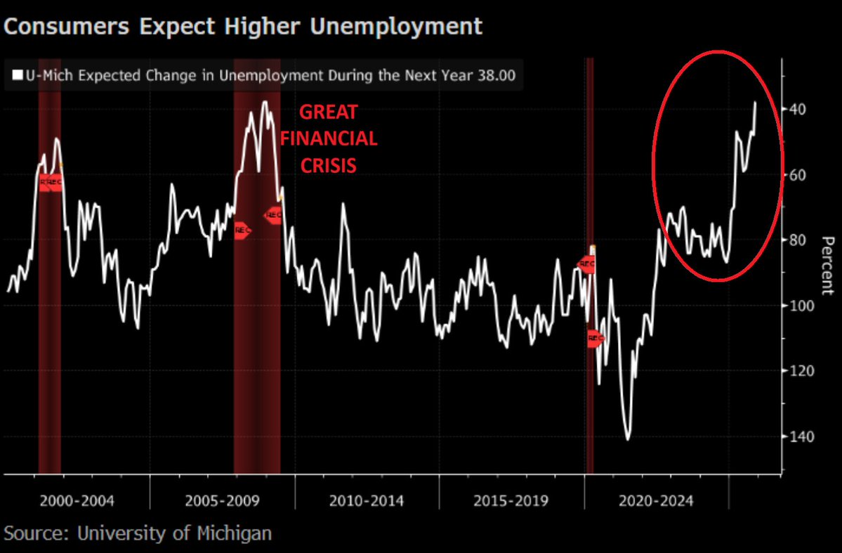 GlobalMktObserv's tweet image. 🔴Americans believe the US job market is in a RECESSION:

The net share of consumers expecting higher unemployment over the next 12 months has matched the peak levels seen during the Financial Crisis.

71% of Americans expect unemployment to rise, the most in +40 YEARS.