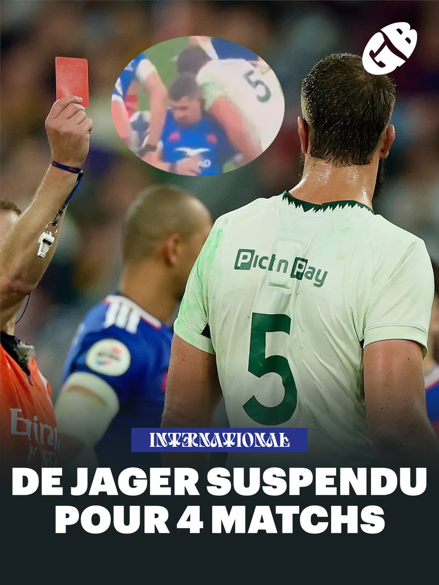 🚨 Lood de Jager a été suspendu quatre semaines pour son carton rouge reçu face à la France après son plaquage dangereux sur Thomas Ramos.

La commission de discipline a confirmé que la faute méritait carton rouge. Point d'entrée "moyen" retenu pour la faute, soit six semaines de