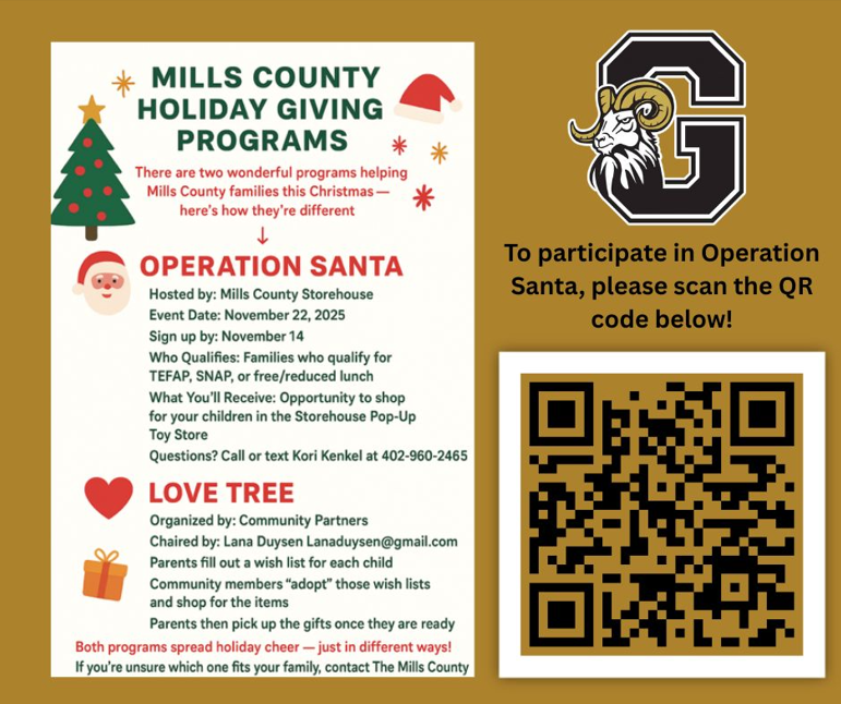 Want to help out families in Mills County this holiday season? Could yours use a little extra holiday cheer?

Sign up closes this Friday, November 14th.

Scan the QR code for an application!