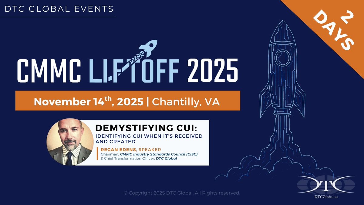 TWO DAYS until CMMC Liftoff! 
I'm excited to kick things off first thing on Thursday, November 14th. The morning session begins at 7:30am so be sure to get there early for coffee and registration. We'll see you there!
cmmcliftoff.com