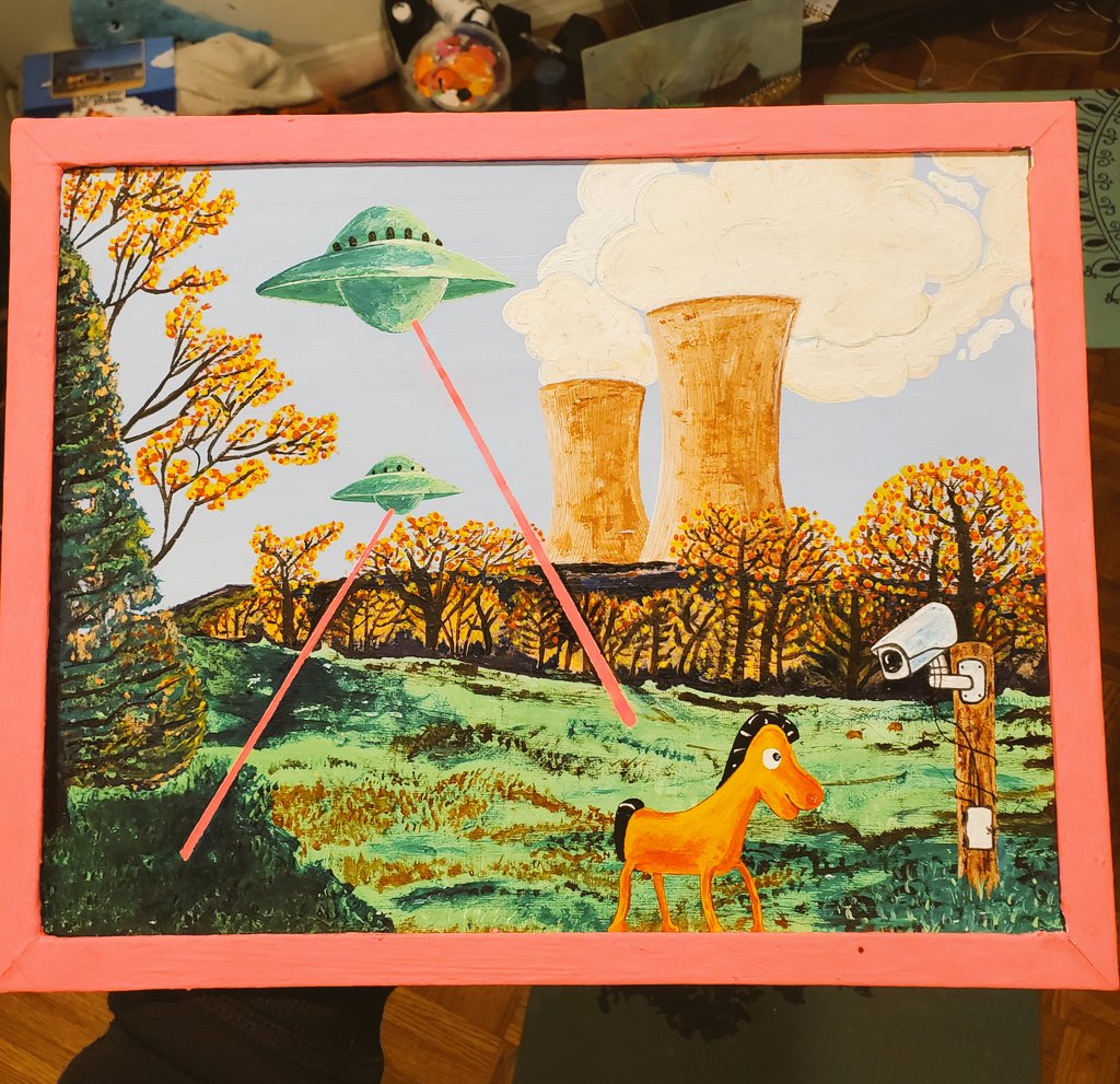 Im regressing. Pokey is now under attack by aliens. My mom doesn't like this one. 14x12. Acrylic on canvas