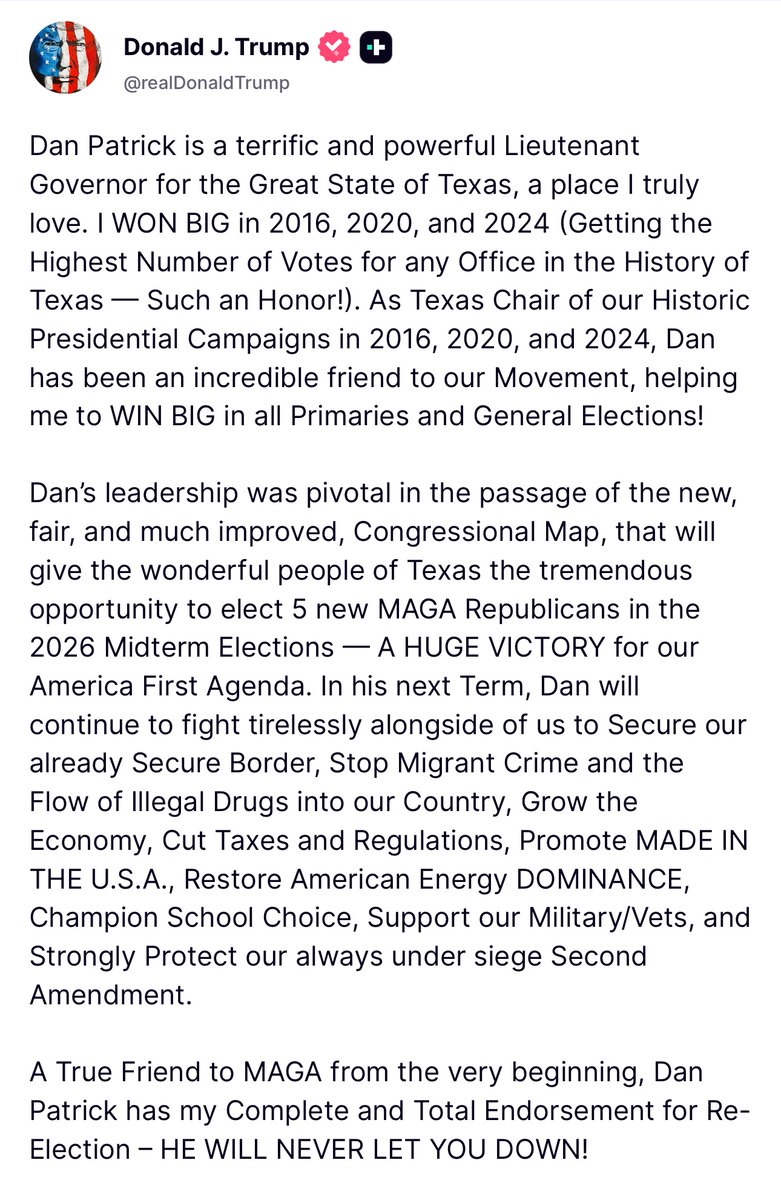 GuntherEagleman's tweet image. BREAKING: President Trump just endorsed Dan Patrick for re-election as Lieutenant Governor of Texas!