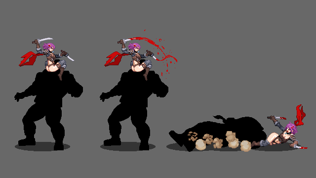 女剣士の投げ技はフランケンシュタイナーの予定なんですが、このアングルで描くと、奥側の足を別レイヤーにしなくていいので良いと思いました。
＊これは以前リエル様にご依頼頂いたドット絵です