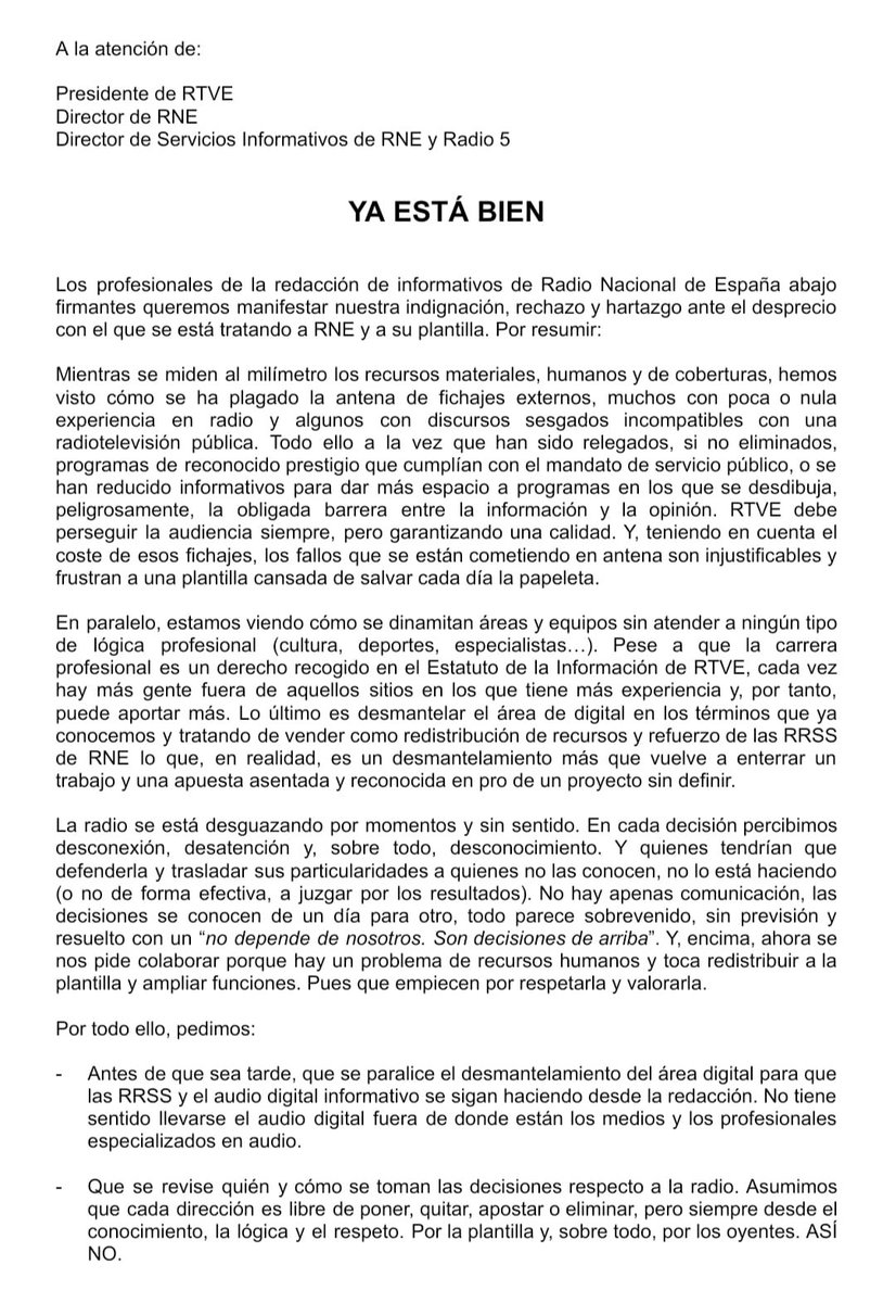 No es una tontería, ni una actuación por despecho. Los profesionales de RNE queremos que se reconozca el talento y que se note en la antena. #salvemosRNE