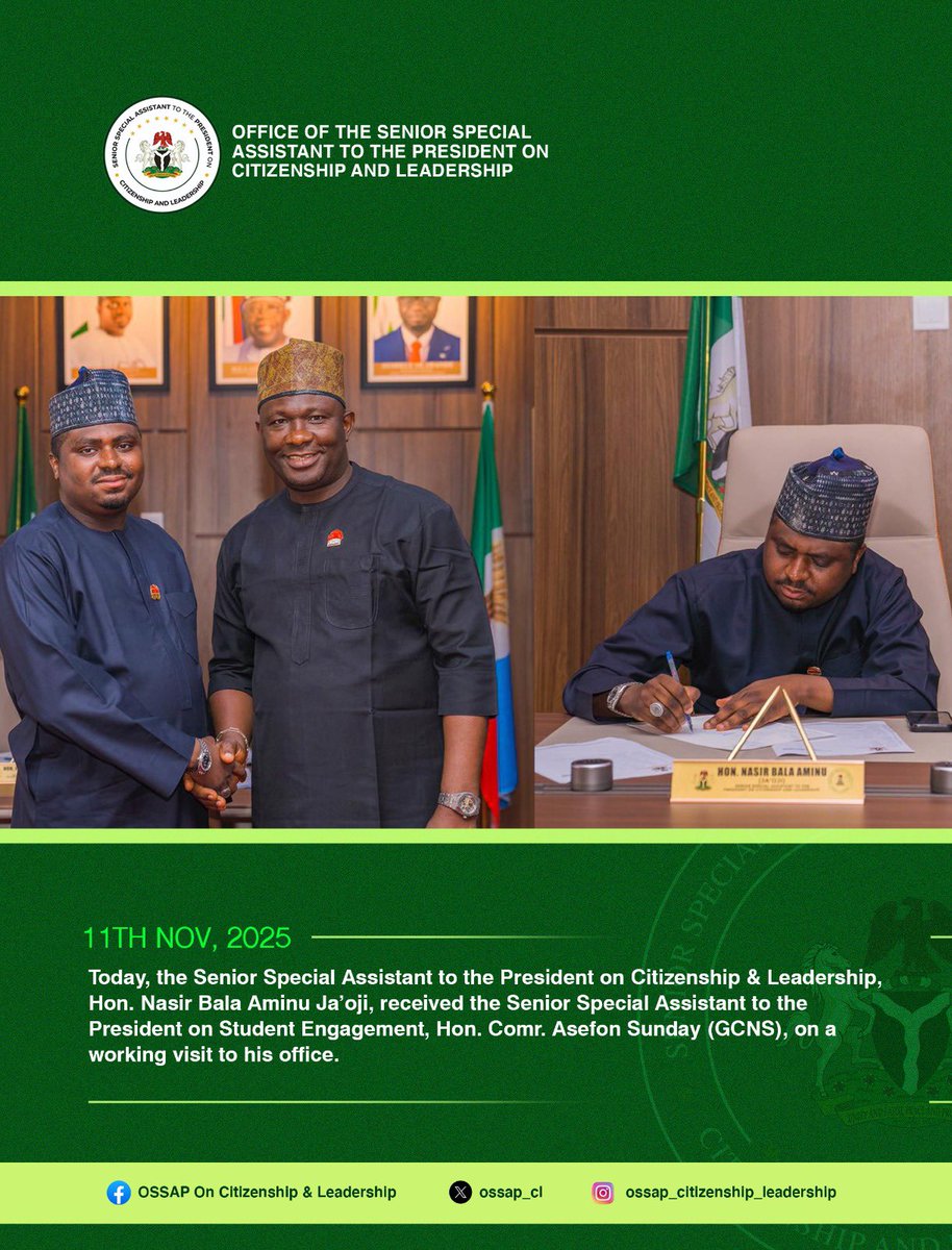 Today, the Senior Special Assistant to the President on Citizenship &amp; Leadership, Hon. Nasir Bala Aminu Ja’oji, received the Senior Special Assistant to the President on Student Engagement, Hon. Comr. Asefon Sunday (GCNS), on a working visit to his office.