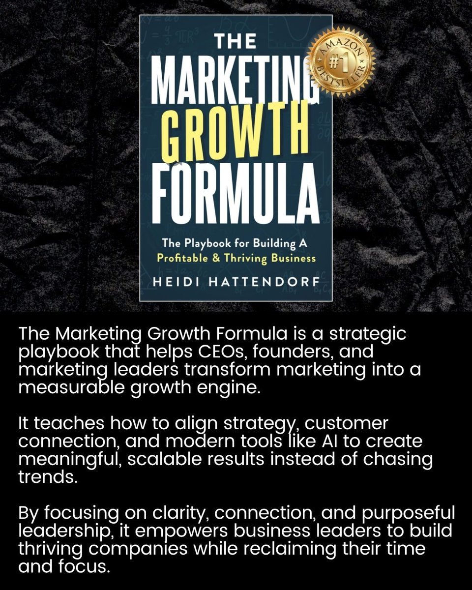 criscawley's tweet photo. Big congrats to our author Heidi Hattendorf for launching The Marketing Growth Formula, a powerful guide for leaders who want their marketing to actually move the needle. 📚

In today’s noisy world, most businesses are busy doing more, but seeing less return.

This book brings you back to what matters, clear strategy, real customer connection, and marketing that drives growth you can measure.

It’s not about chasing every new trend. 

It’s about knowing why you’re doing what you’re doing, aligning your team around that purpose, and making smarter decisions that build momentum.

If you’ve ever felt like your message gets lost in the crowd or your efforts are scattered, this one’s for you.

It’s a reminder that when your marketing has meaning, your business becomes unstoppable.

#TheMarketingGrowthFormula
#StrategicGrowth
#LeadWithClarity
#GameChangerPublishing
#BestsellerIn90Days
