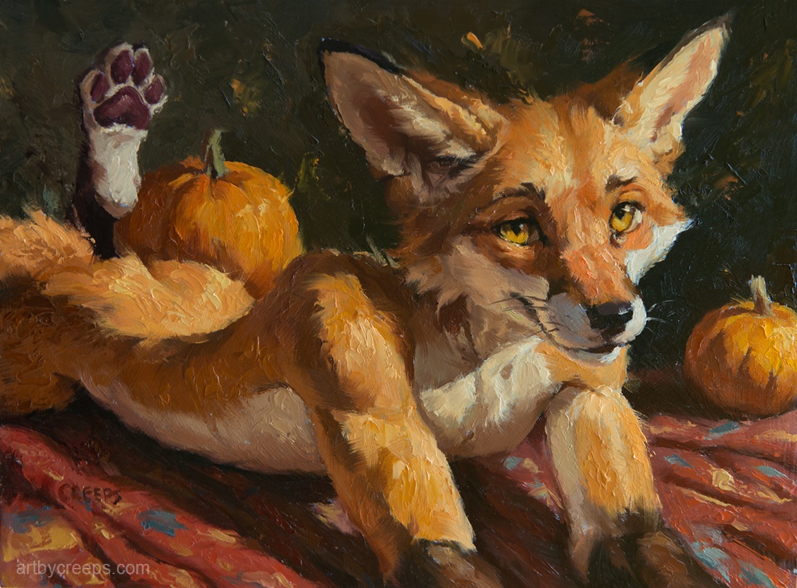 Fox and Pumpkins. Oil on wood. For sale on my site!