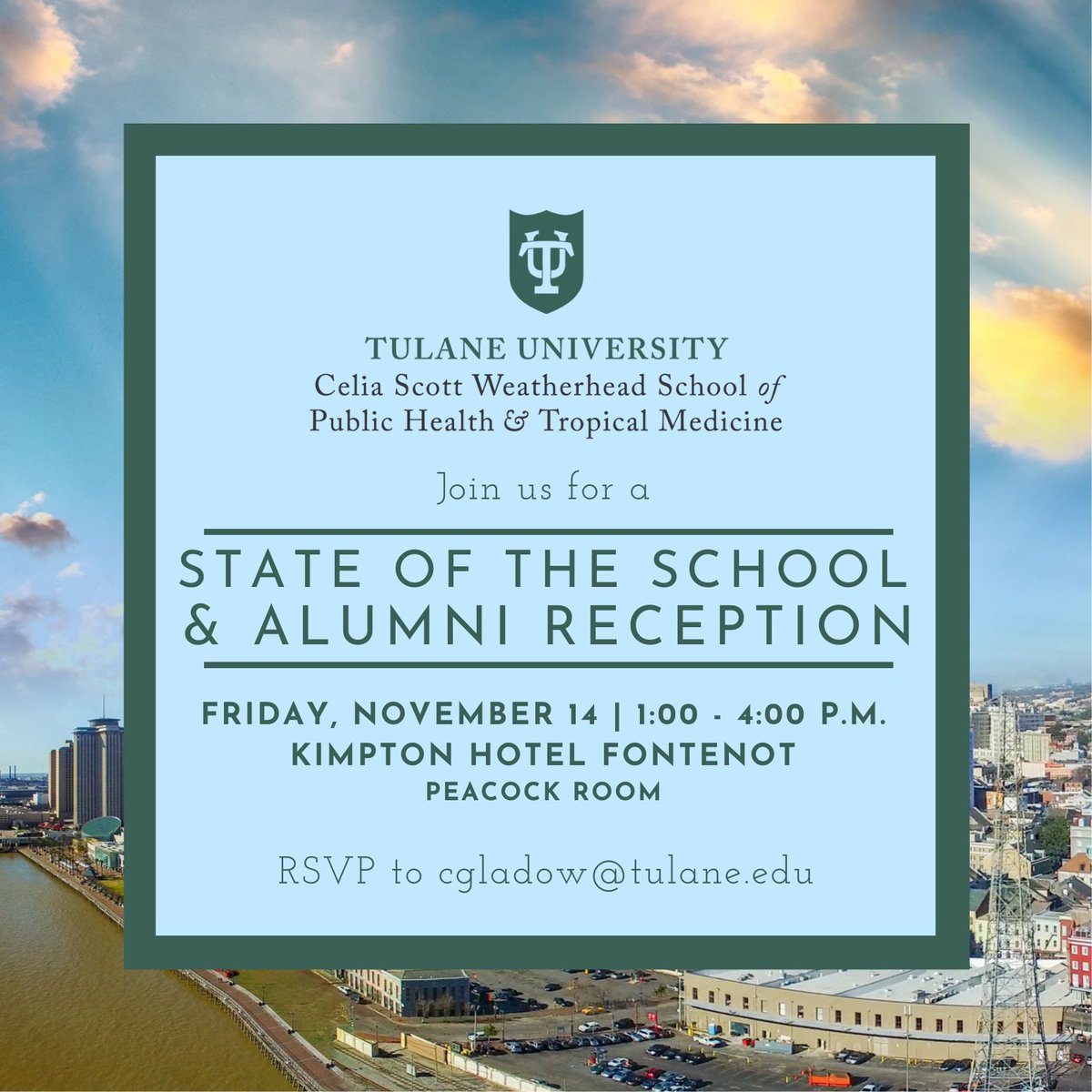 TulaneSPHTM's tweet image. We are so excited to see our alumni and friends of the school this weekend! These are our three main events to be aware of -- please RSVP with Cait Gladow (cgladow@tulane.edu) to join us!