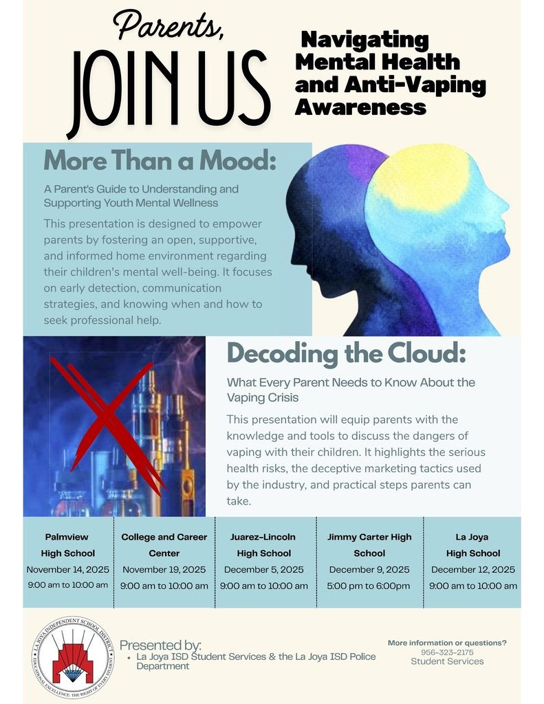 JCECHSRedWolves's tweet image. 🧠🚭 Parents of JCECHS!
Join us Dec. 9 | 5–6 PM
📍 Jimmy Carter ECHS

✨ More Than a Mood – Youth Mental Wellness
✨ Decoding the Cloud – The Vaping Crisis

Be informed. Be empowered.
#JCECHS #MentalHealth #StopVaping #PRIDEinAction