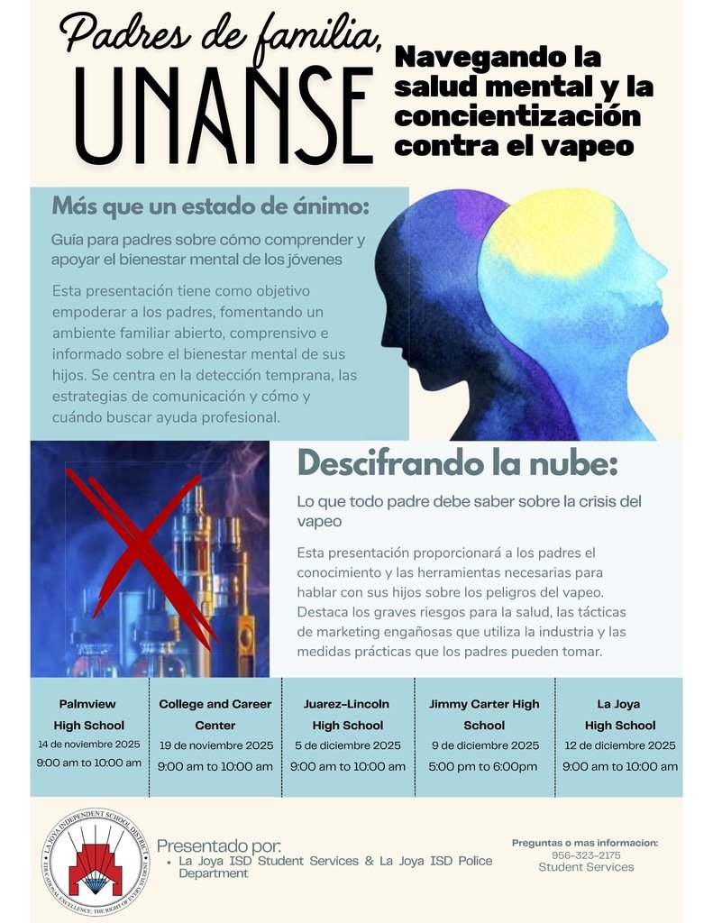 JCECHSRedWolves's tweet image. 🧠🚭 Parents of JCECHS!
Join us Dec. 9 | 5–6 PM
📍 Jimmy Carter ECHS

✨ More Than a Mood – Youth Mental Wellness
✨ Decoding the Cloud – The Vaping Crisis

Be informed. Be empowered.
#JCECHS #MentalHealth #StopVaping #PRIDEinAction