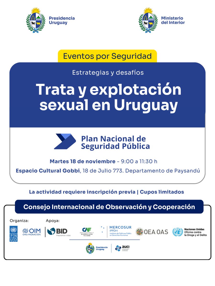 🟦 Trata y explotación sexual en Uruguay: estrategias y desafíos

Invitamos a un nuevo Encuentro en el marco del Plan Nacional de Seguridad Pública.

🗓️ Martes 18/11 | 9:00 a 11:30 h
📍 Espacio Cultural Gobbi, #Paysandú

📩 Inscripción: shorturl.at/fB1XS
#DerechosHumanos