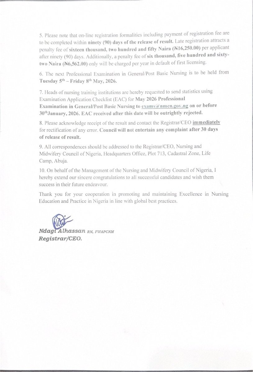 Release of Results of the Professional Examinations in General/ Post Basic Nursing Programmes November 2025