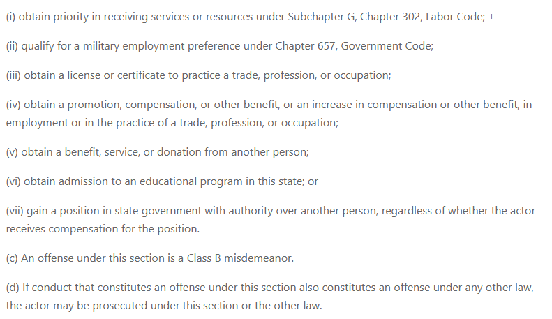 iamspastic's tweet photo. @Teridax https://t.co/0NijaXJfoc - you need to have gained a "tangible benefit" for it to be illegal
Texas is more broad and explicit about what such a benefit would be
https://t.co/ZviwzOcvve
the question is would they consider twitter revenue as "compensation" "in practice of a trade" https://t.co/dp4R4xwKp2