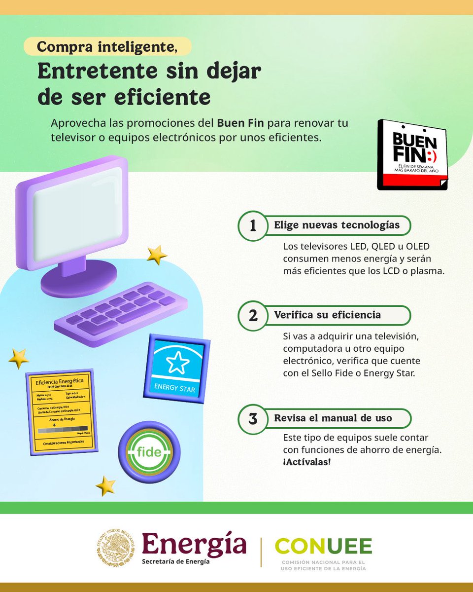 Este #BuenFin, elige tecnología que te entretenga sin gastar de más.
Prefiere televisores y equipos electrónicos con Sello FIDE o Energy Star, ¡y disfruta tu contenido con #EficienciaEnergética! ⚡

#CompraInteligente