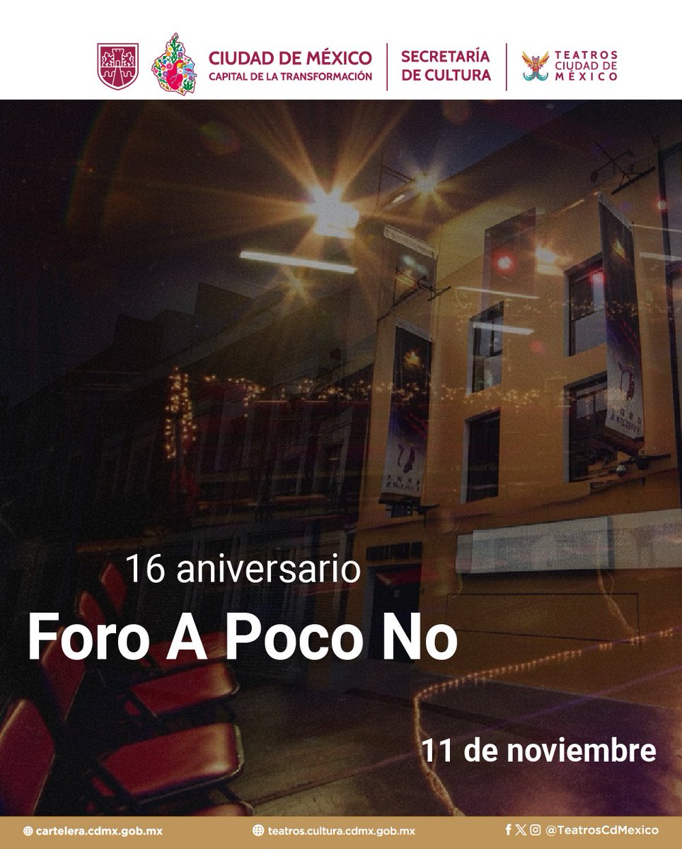 TeatrosCDMX's tweet photo. ¡El #ForoAPocoNo cumple 16 años! Desde 2009, este rincón escénico en CDMX ha sido hogar de propuestas teatrales íntimas, arriesgadas y vibrantes. Gracias a quienes han cruzado su umbral: artistas, público, equipo. Hoy celebramos la creatividad que transforma, el arte que conecta https://t.co/RF1Yfc9b9Q