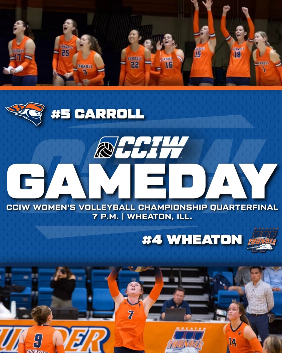 🏐 It’s CCIW Women's Volleyball Championship time!

Quarterfinals hit the court tonight ⬇️
#6 Augustana at #3 Millikin — 7 p.m.
#5 Carroll at #4 Wheaton — 7 p.m.

Winners move on to the Thursday's semis 👀

Watch: CCIWNetwork.com
Live scoreboard: cciw.org/scoreboard/