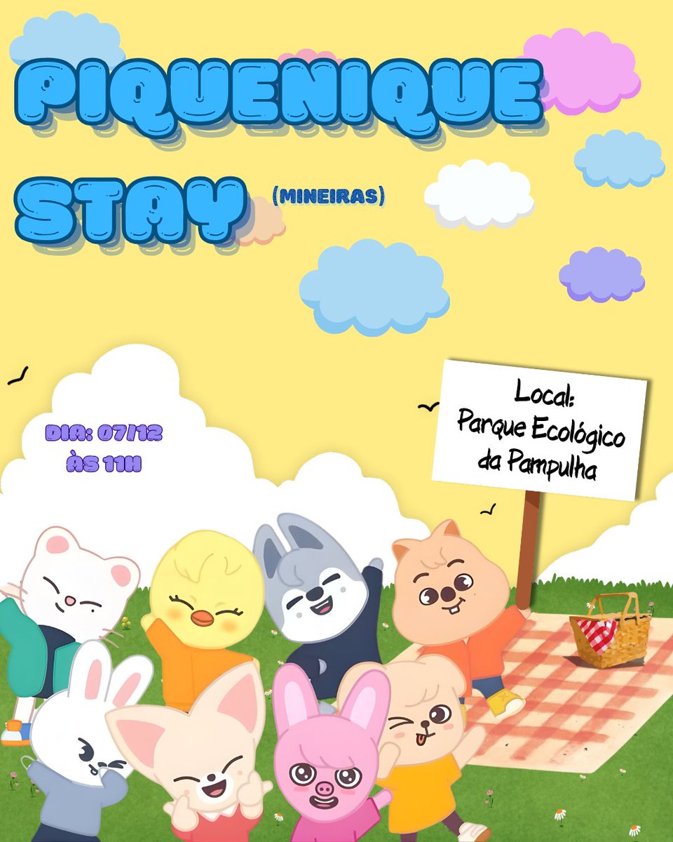 Aos Stay Mineiros, a espera acabou!!!

Dia 07/12 estaremos nos reunindo no Parque da Pampulha em um piquenique. 

Fiquem de olho para mais informações e já preparem o seu lanche👀

#stay #straykids