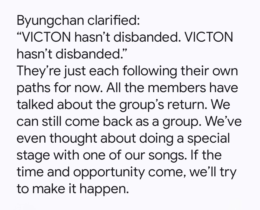 AliceSikie's tweet photo. Byungchan clarified:

"#VICTON hasn't disbanded
[...]
We can still come back as a group. We've even thought about doing a special stage with one of our songs. If the time and opportunity come, we'll try to make it happen"

(May contain inaccuracies)
#빅톤 #VictonWillBeForever https://t.co/8vKKTTquoo