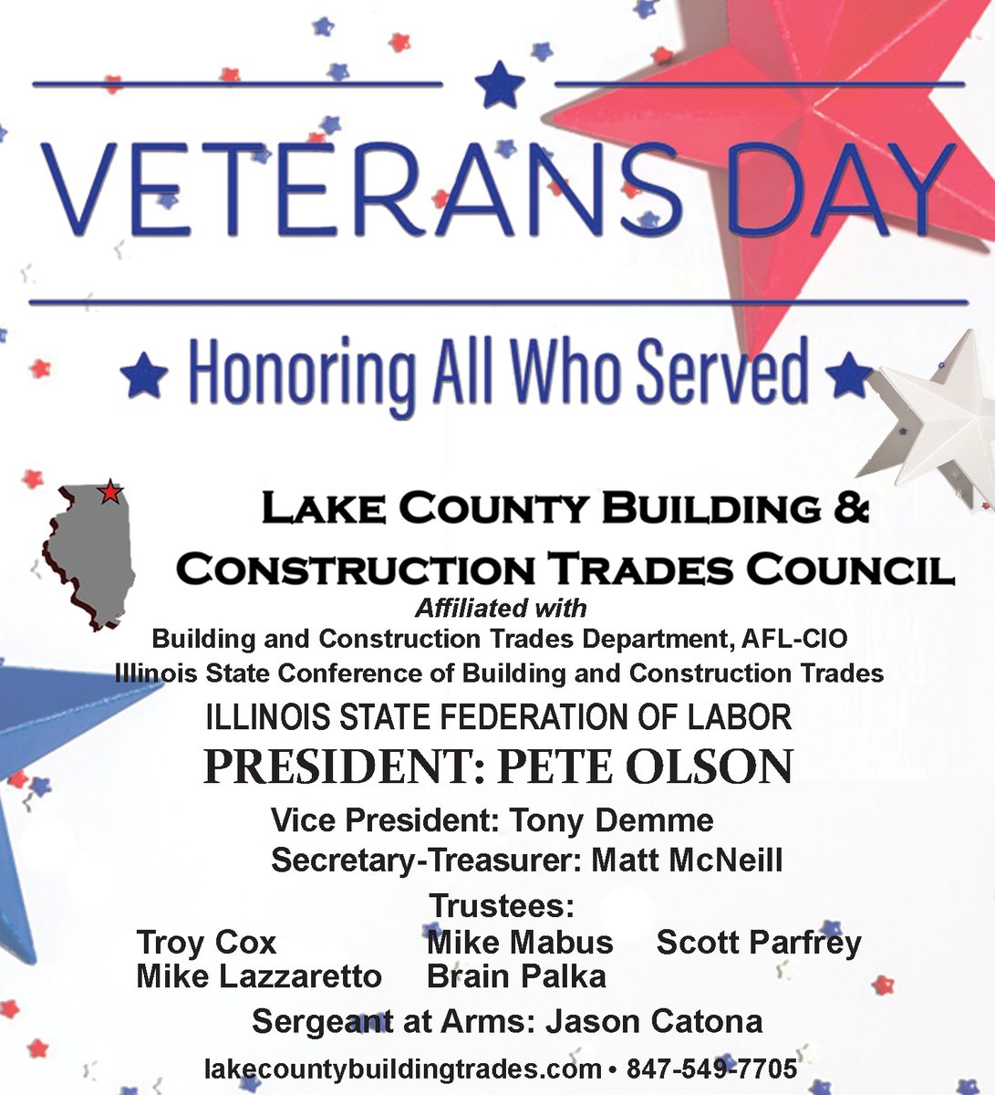 Unions are proud to count thousands of Veterans among their ranks. This #VeteransDay, the Lake County Building and Construction Trades Council honors their service to our nation and the Labor movement.
#UnionStrong #Solidarity #LaborNews