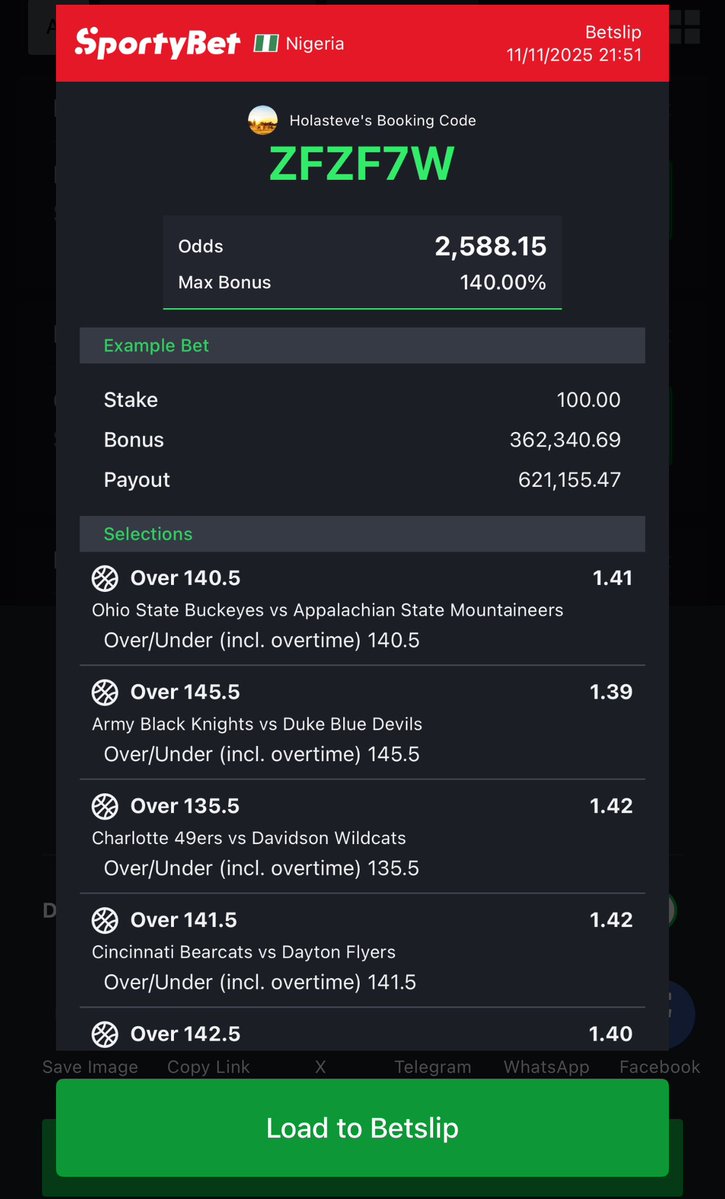 #Sportybet NCAA 🏀 

ZFZF7W 🫴2,588 odds (23games)

Edit

Z3RADG 🫴669 odds
V4PW53 🫴119 odds 

#Edit &amp; Win 🏆